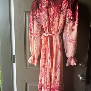 Flying Tomato Pink Ruffled Wrap Gown with Bishop Sleeves